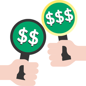 Apex Avenue icon for getting the highest offers for your car; an illustration of two hands holding up green and black signs, one with two dollar signs on it, the other with three dollar signs on it and a gold ring around it.