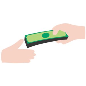 Apex Avenue icon for getting paid cash; an illustration of one person's hand passing a wad of dollar bills into another person's hand.