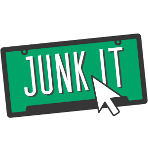 Apex Avenue icon for getting a quote online; an illustration of a number plate, green and black, with the words JUNK IT on it, and a cursor mouse hovering over it.