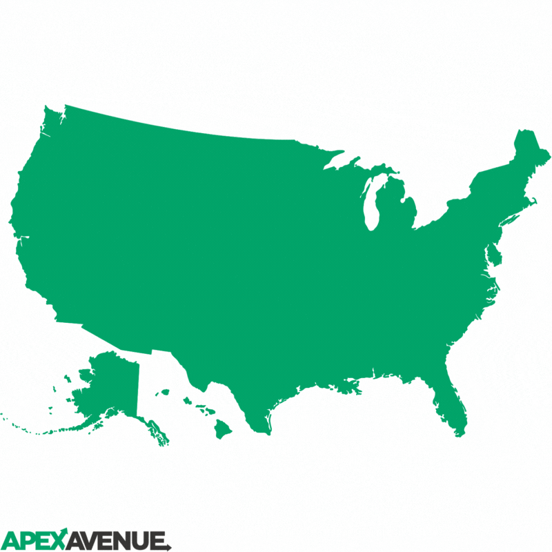 Apex Avenue map of the US with pin markers, each featuring a different type of vehicle.