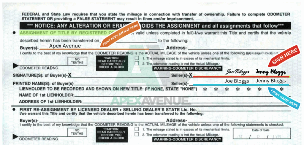 Car title signing example form for multiple owners
