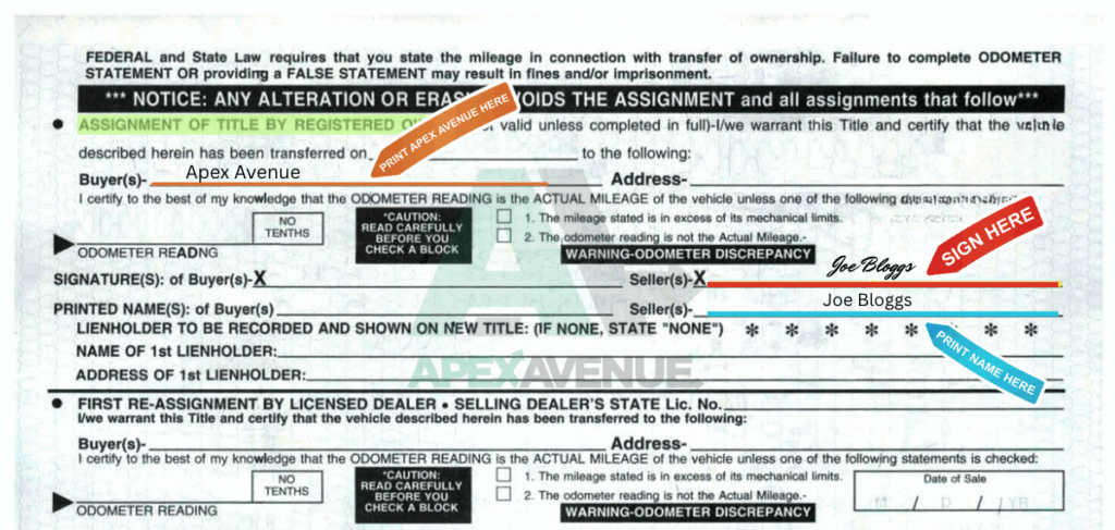 Car title signing example form