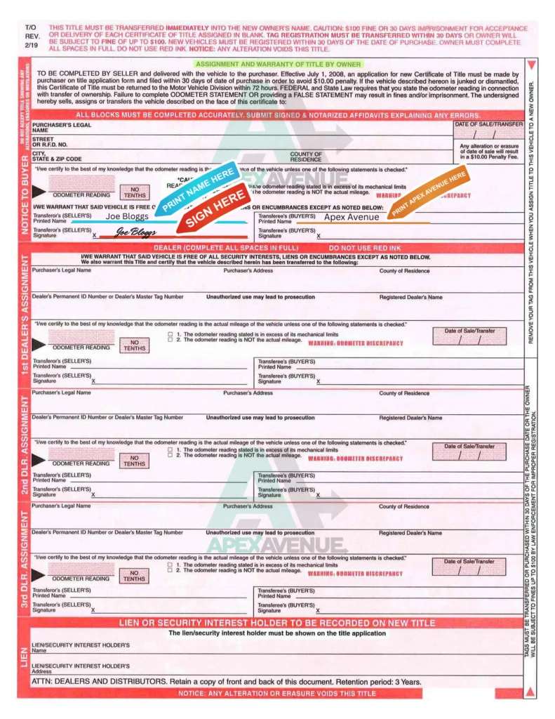 Georgia vehicle title - back, one signature