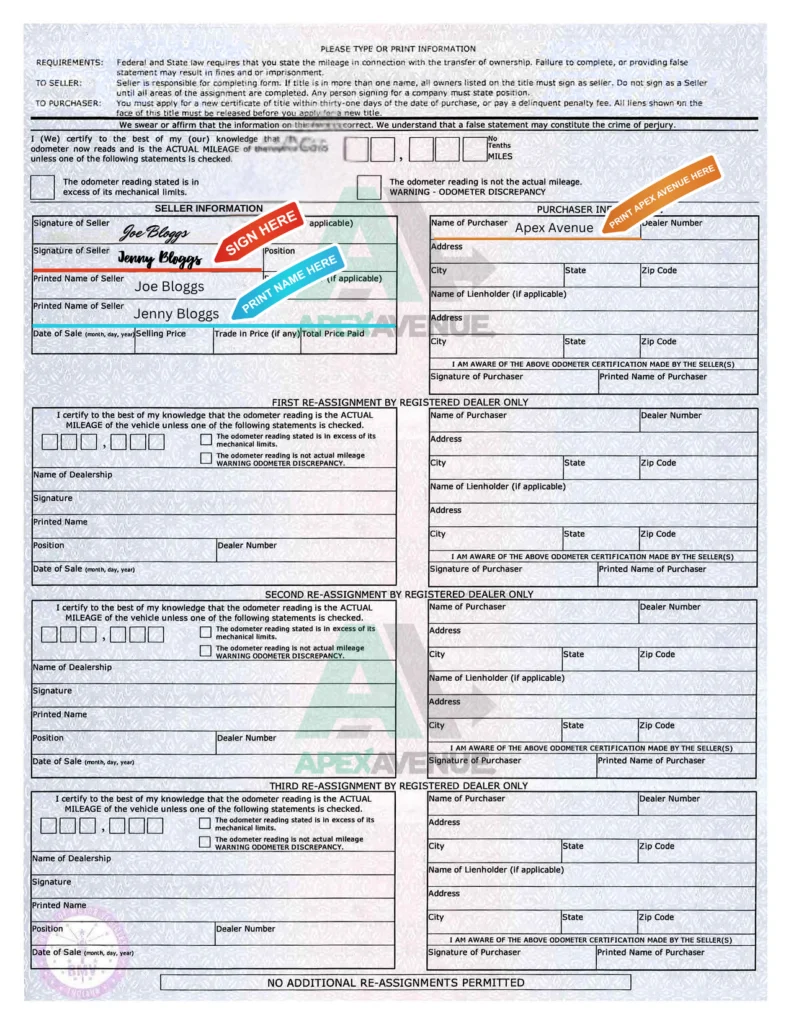 Indiana vehicle title - back, multiple signatures
