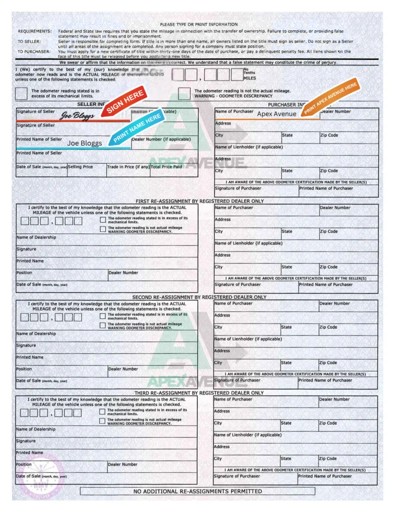 Indiana vehicle title - back, one signature