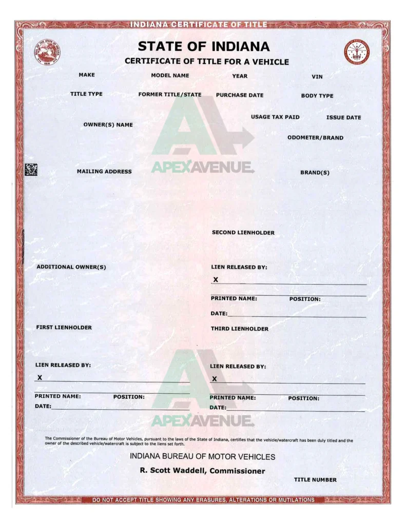 Indiana vehicle title - front