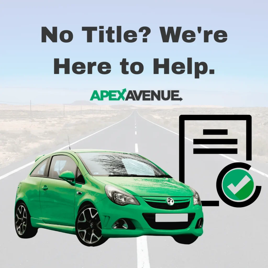 Featured image showing a green car, title document icon, and green checkmark with the headline 'No Title? We're Here to Help.