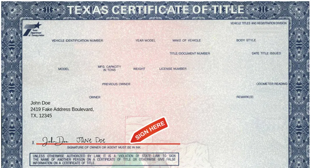 close up instruction of multiple owenrs signature placement on texas title