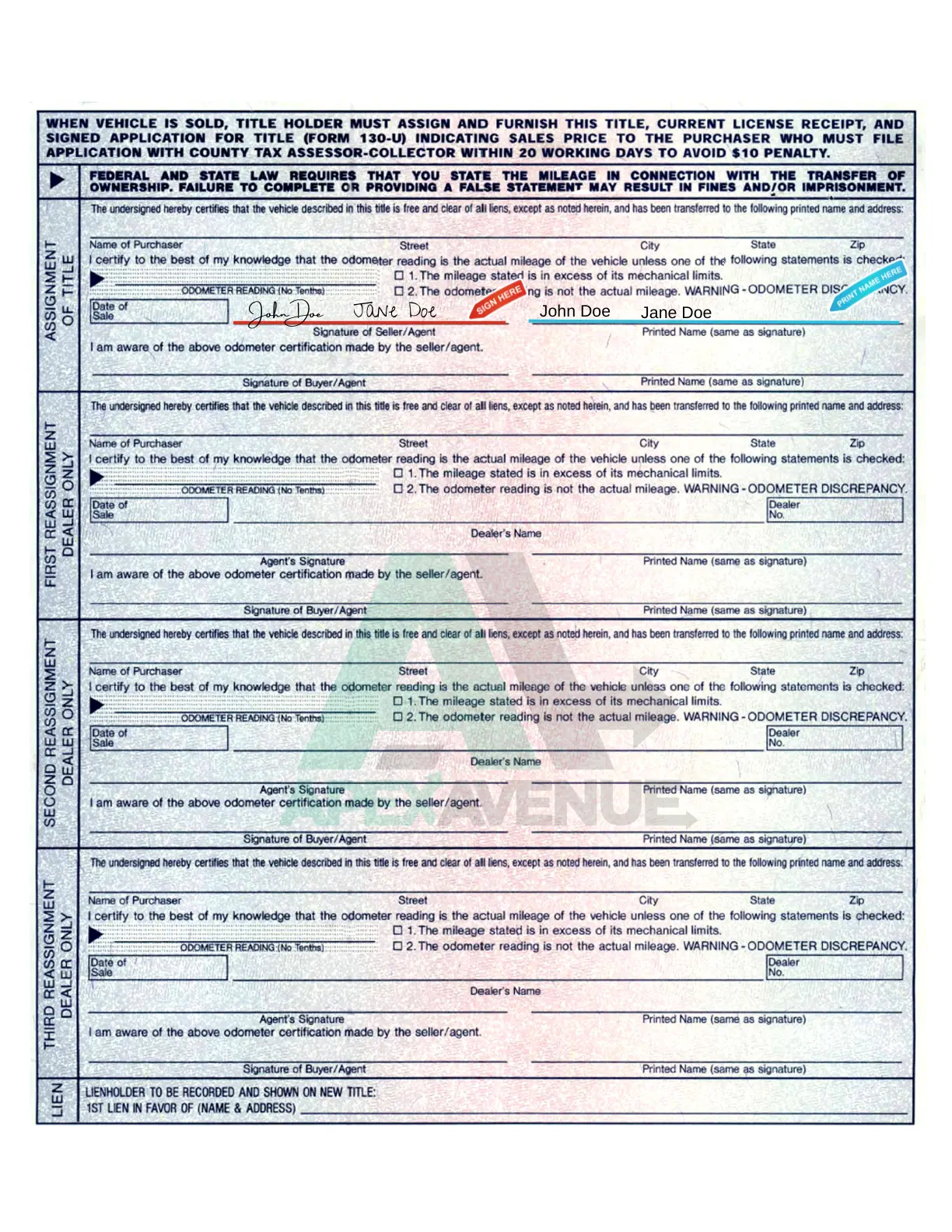texas title with mulitple owners names and signatures