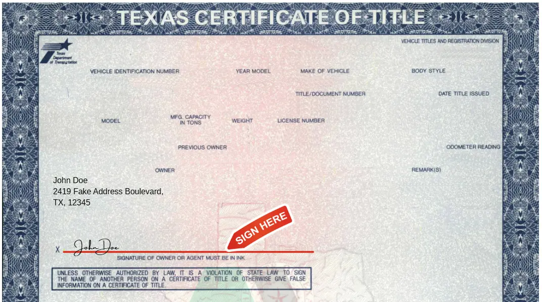 close up of texas title with single owner instruction