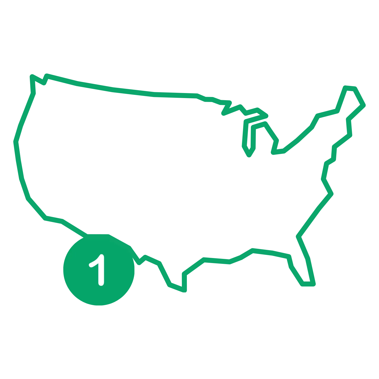 Green outline of the United States representing Step 1.