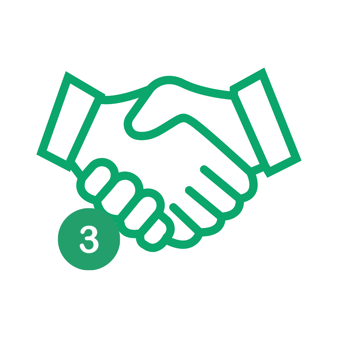 Green hands shaking icon representing Step 3.