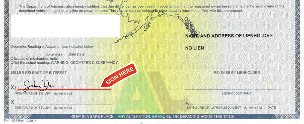 Close up image of single owners signature on Alaska car title
