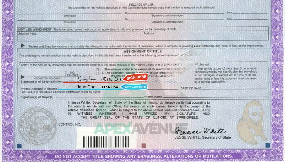 illinois car title with multiple owners names and signatures