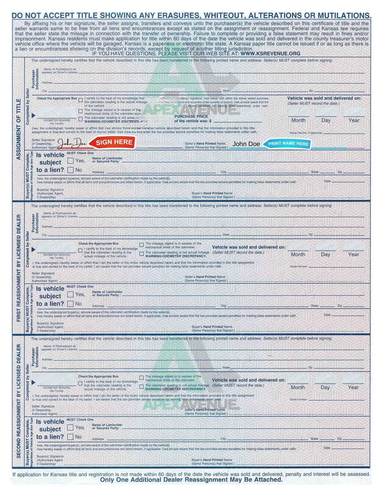 back of kansas car title showing placement of single owners name and signature