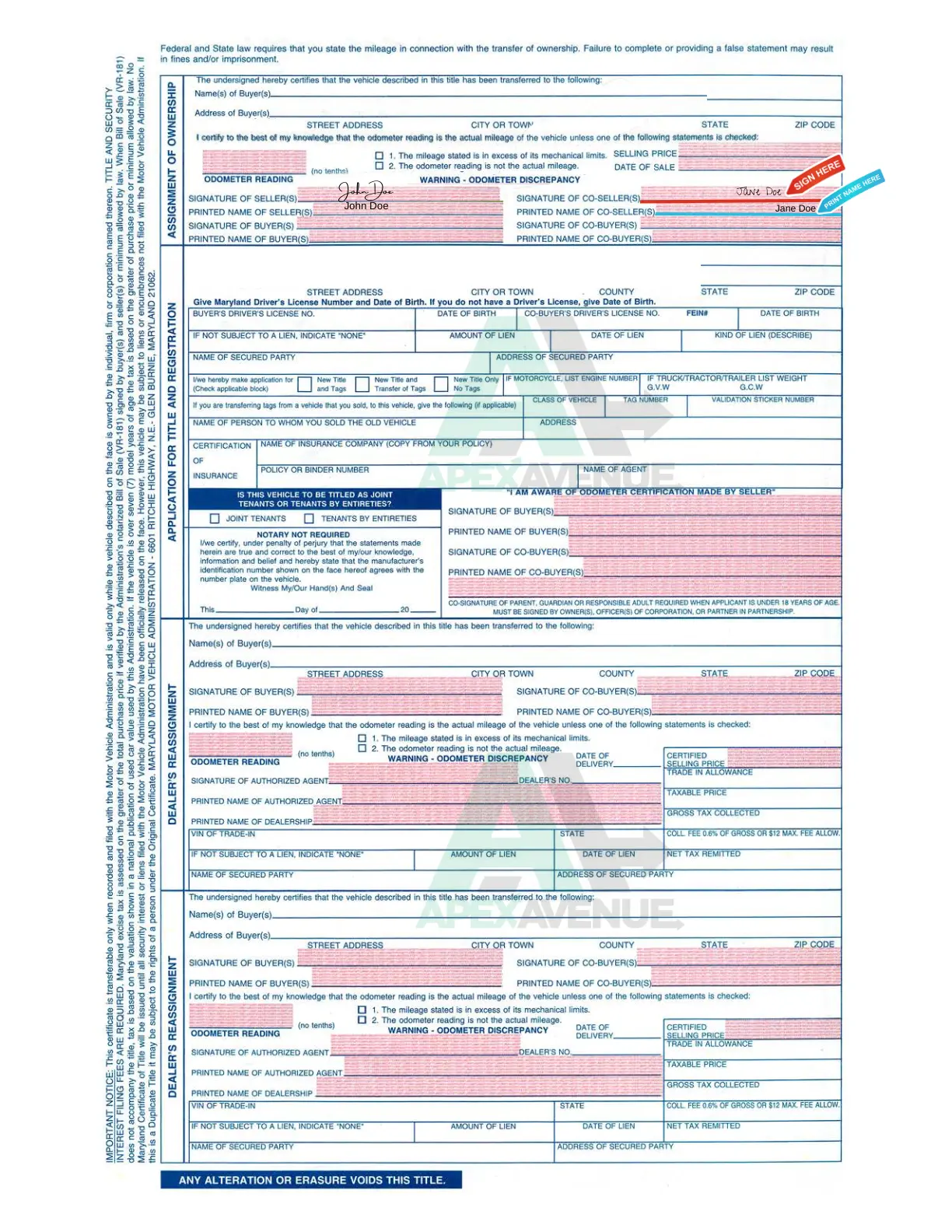 maryland title with additional owners names and signatures