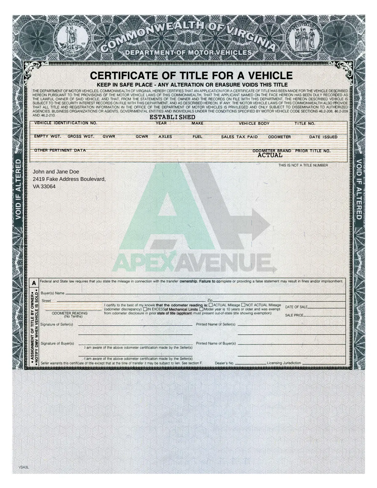 Front of Virginia car title showing multiple owners names