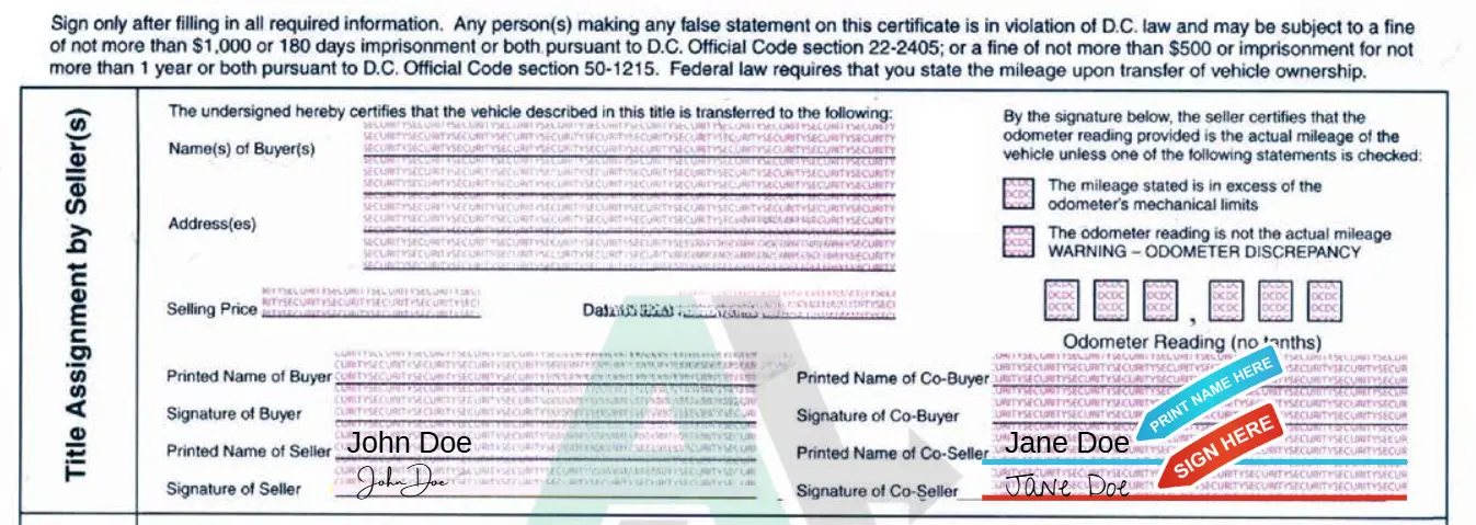 washington dc title with multiple owners signatures